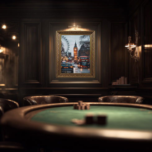 Londra Big Ben ve Kırmızı Otobüs Şehir Manzarası Sanat Baskısı, Yağmurlu Akşam Sokakları ve İkonik Şehir Duvar Dekoru Modern Ofis İçin