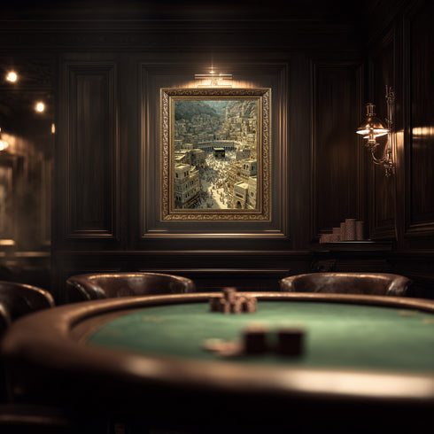 Eski Kabe-i Muazzama ve Mekke Şehir Manzarası Kanvas Tablo – Hac ve Umre Temalı İslami Duvar Dekoru, Dini ve Manevi Salon Tablosu