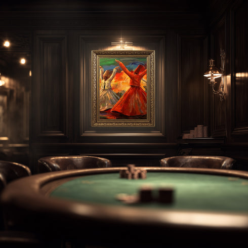 Semazenlerin Sema Dönüşü, Canlı Renklerle Tasvir Edilmiş Tasavvufi Ritüel ve Manevi Derinlik Taşıyan Modern Sanat Tablosu