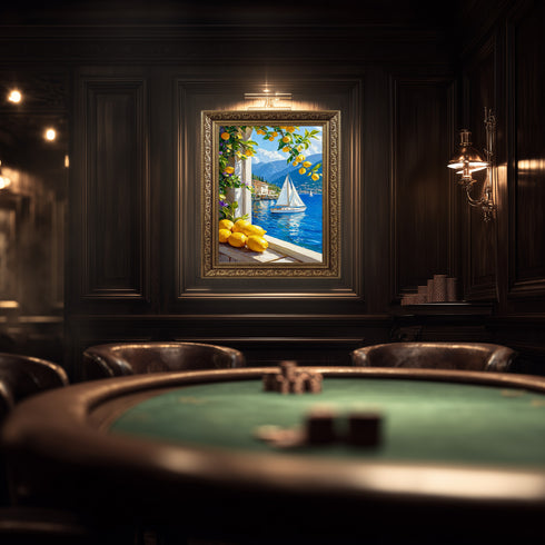 Limon Ağaçları ve Mavi Deniz Manzarası Sanat Baskısı, Akdeniz Sahilinde Yelkenli Tekne ile Yaz Esintili Duvar Dekoru