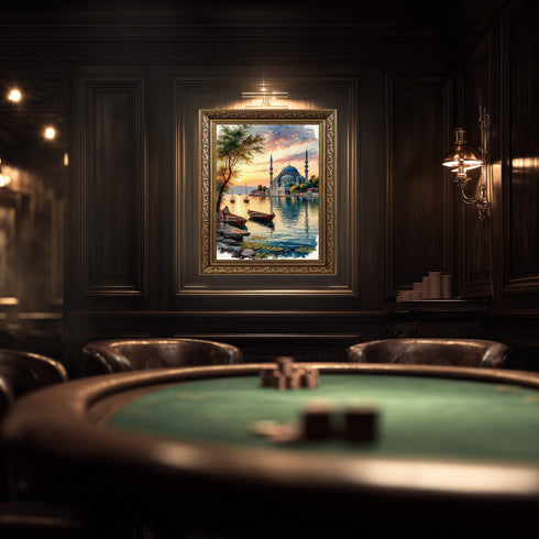 Gün Batımında Boğaz ve Tarihi Cami Manzarası Sanat Baskısı, İstanbul Temalı Suluboya Tablo ve Huzur Veren Klasik Duvar Dekoru