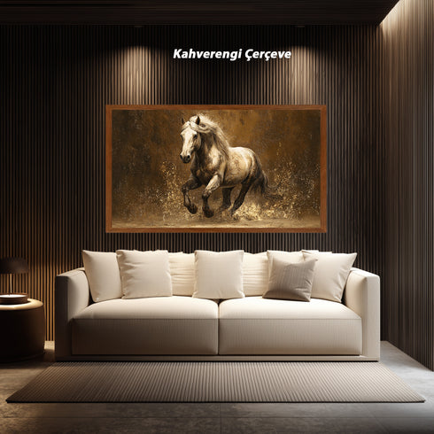 Koşan Beyaz At Tablosu Altın Tonlu Arka Planlı Modern Kanvas Duvar Dekoru, Salon Ofis İçin Büyük Boy At Figürlü Tablo