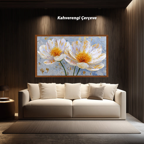Altın Varaklı Beyaz Çiçekler Tablosu Modern Soyut Kanvas Duvar Dekoru Salon Yatak Odası İçin Büyük Boy Lüks Çiçek Tablo