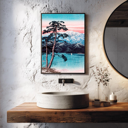 Japanese Woodblock Canvas Art, Mount Fuji Print, Pine Tree Lake Landscape, Pink Sunset Sky, Shin Hanga Style, Asian Wall Decor