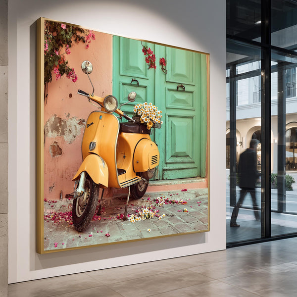 Yellow Vespa Canvas Wall Art, Italian Summer Street Print, Mediterranean Home Decor, Vintage Scooter with Flowers, Wanderlust Gift