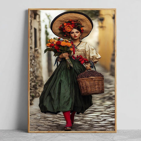 Çiçek Taşıyan Kadın Meksika Stili Tablo