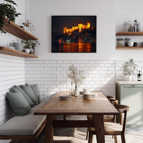 Rumeli Fortress Canvas Wall Art, Istanbul Night Bosphorus Print, Glowing Castle Landscape for Turkish History and Travel Decor