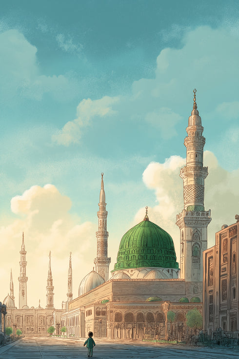 Mescid-i Nebevi ve Yeşil Kubbe Manzaralı Kanvas Tablo – Medine İslami Duvar Dekoru, Dini Mimari Temalı Salon ve Ofis Tablosu