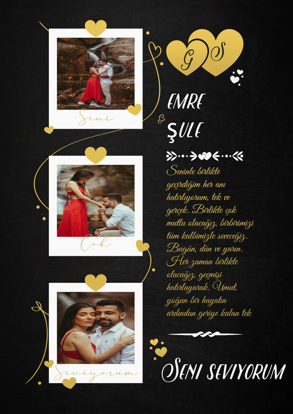 Çiftlere Özel Kişiselleştirilebilir 3 Görselli Kolaj Aşk Tablosu