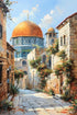 Kubbetüs Sahra ve Tarihi Taş Sokaklar, Çiçeklerle Bezeli Kudüs Manzarasında Huzur ve Maneviyat Yansıtan Sanat Tablosu