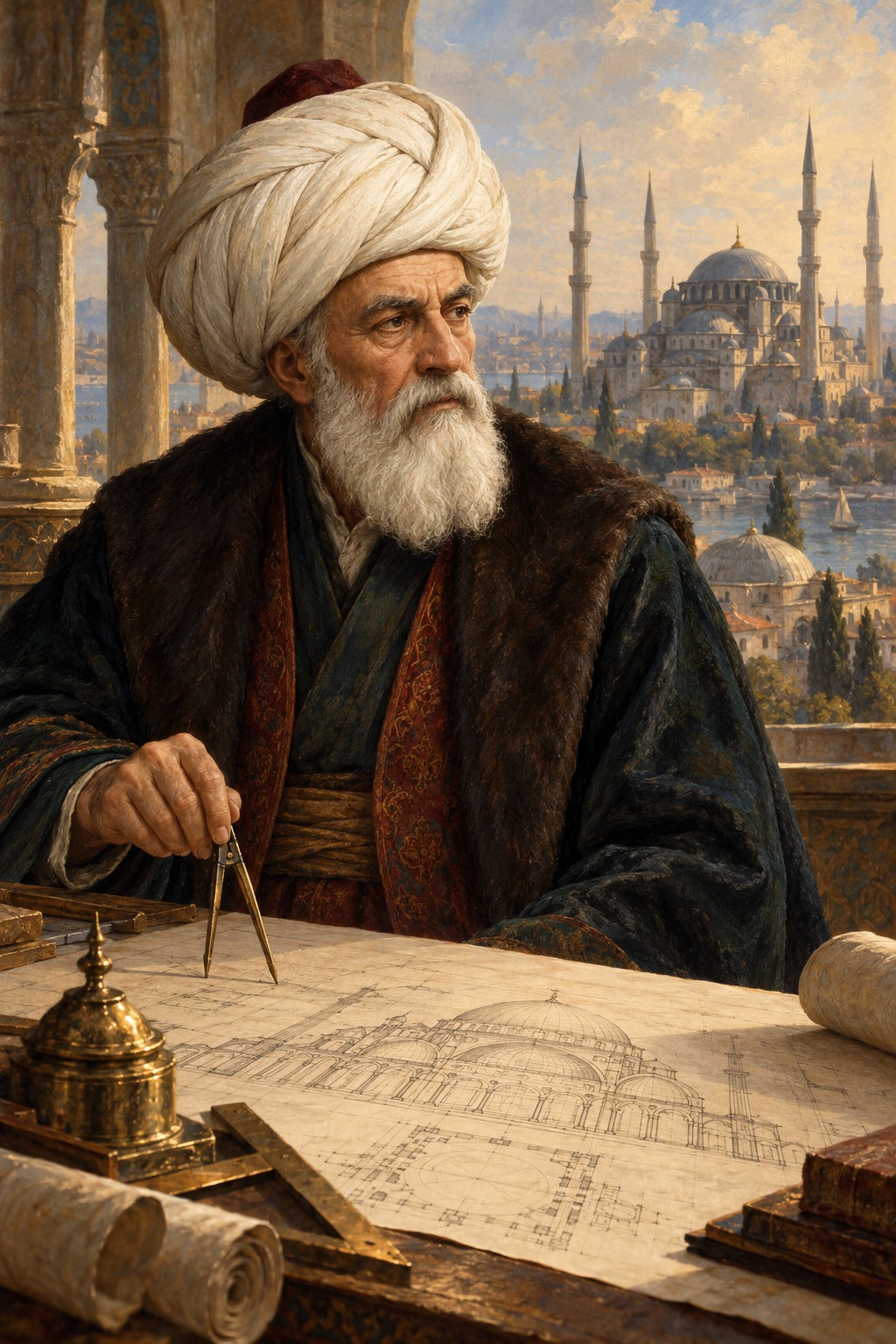 Mimar Sinan Çizim Masasında Dikey Kanvas Tablo