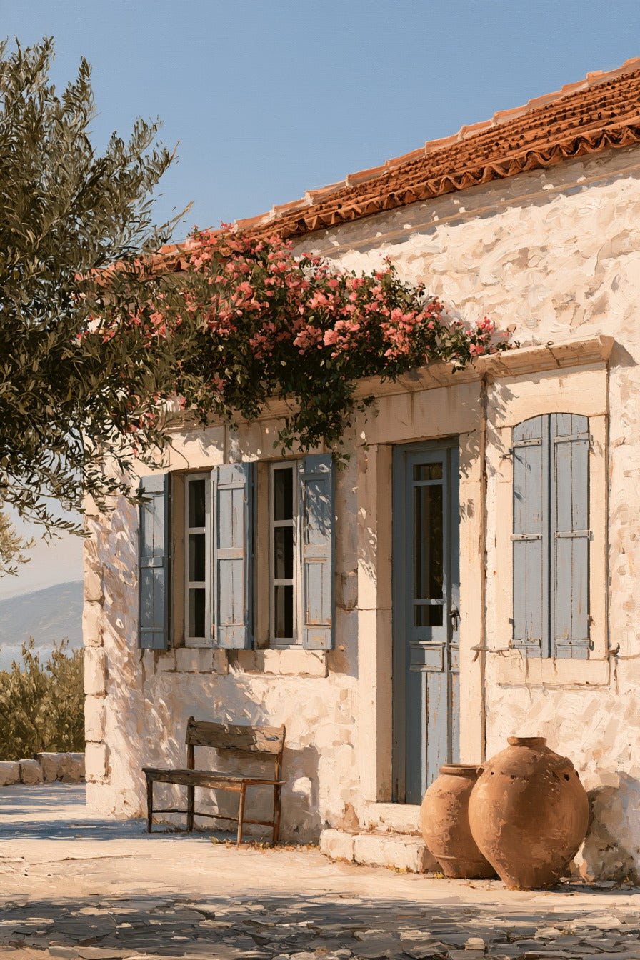 Begonvilli Ege Taş Evi Dikey Kanvas Tablo