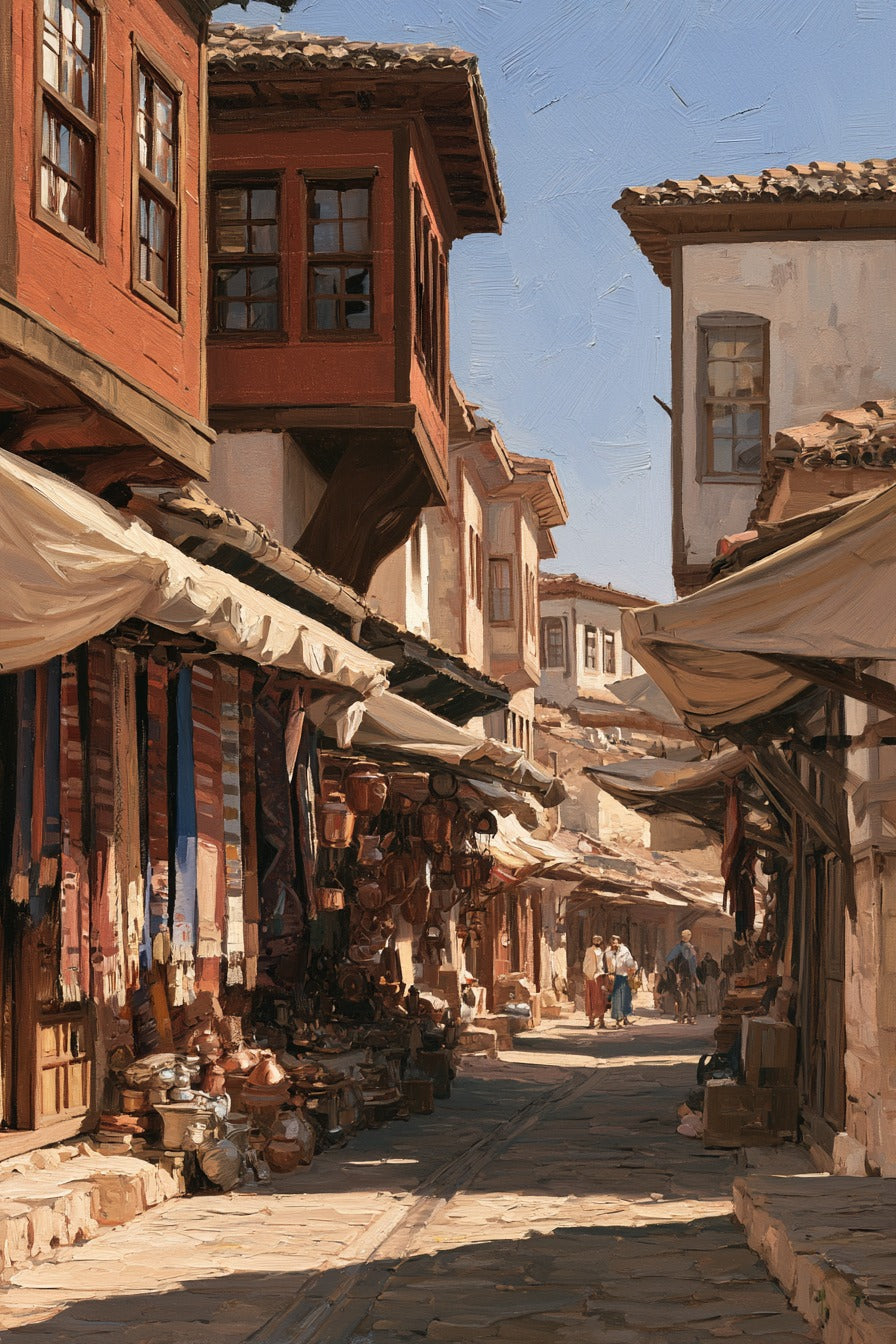 Ahşap Evli Tarihi Çarşı Sokağı Dikey Kanvas Tablo