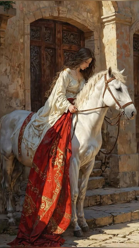 Tarihi Taş Mekânda Beyaz At Üzerinde Zarif Kadın, Orta Çağ Esintili Romantik Sahne, Klasik ve Epik Sanat Tarzında Duvar Dekoru