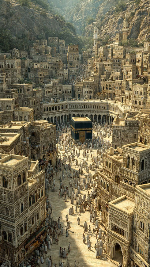 Eski Kabe-i Muazzama ve Mekke Şehir Manzarası Kanvas Tablo – Hac ve Umre Temalı İslami Duvar Dekoru, Dini ve Manevi Salon Tablosu