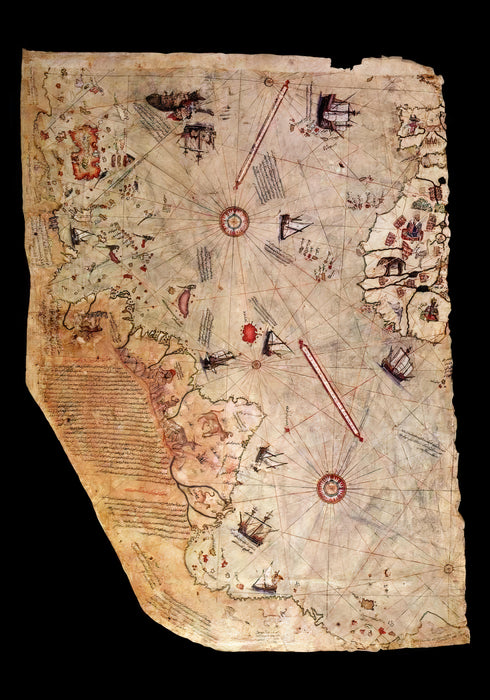 Piri Reis Tarihi Deniz Haritası ve Keşif Roteleri, Antik Kartografya Detaylarıyla Oryantal ve Nostaljik Dünya Haritası Sanat Eseri