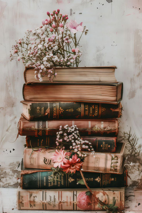Vintage Kitap Yığını ve Zarif Çiçekler, Nostaljik ve Romantik Atmosferli Estetik Natürmort Sanat Tablosu