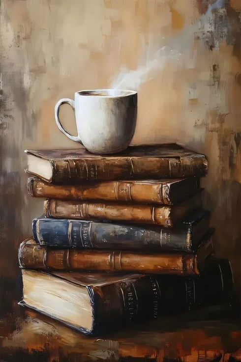 Buharlı Kahve Fincanı ve Eski Kitaplar, Sıcak ve Huzurlu Atmosferli Nostaljik Okuma Köşesi Temalı Sanat Tablosu
