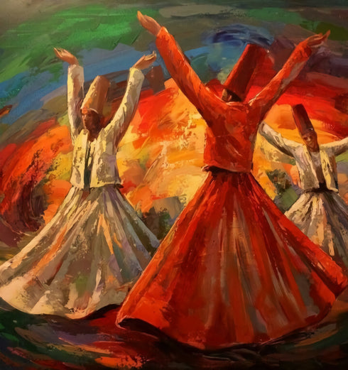 Semazenlerin Sema Dönüşü, Canlı Renklerle Tasvir Edilmiş Tasavvufi Ritüel ve Manevi Derinlik Taşıyan Modern Sanat Tablosu