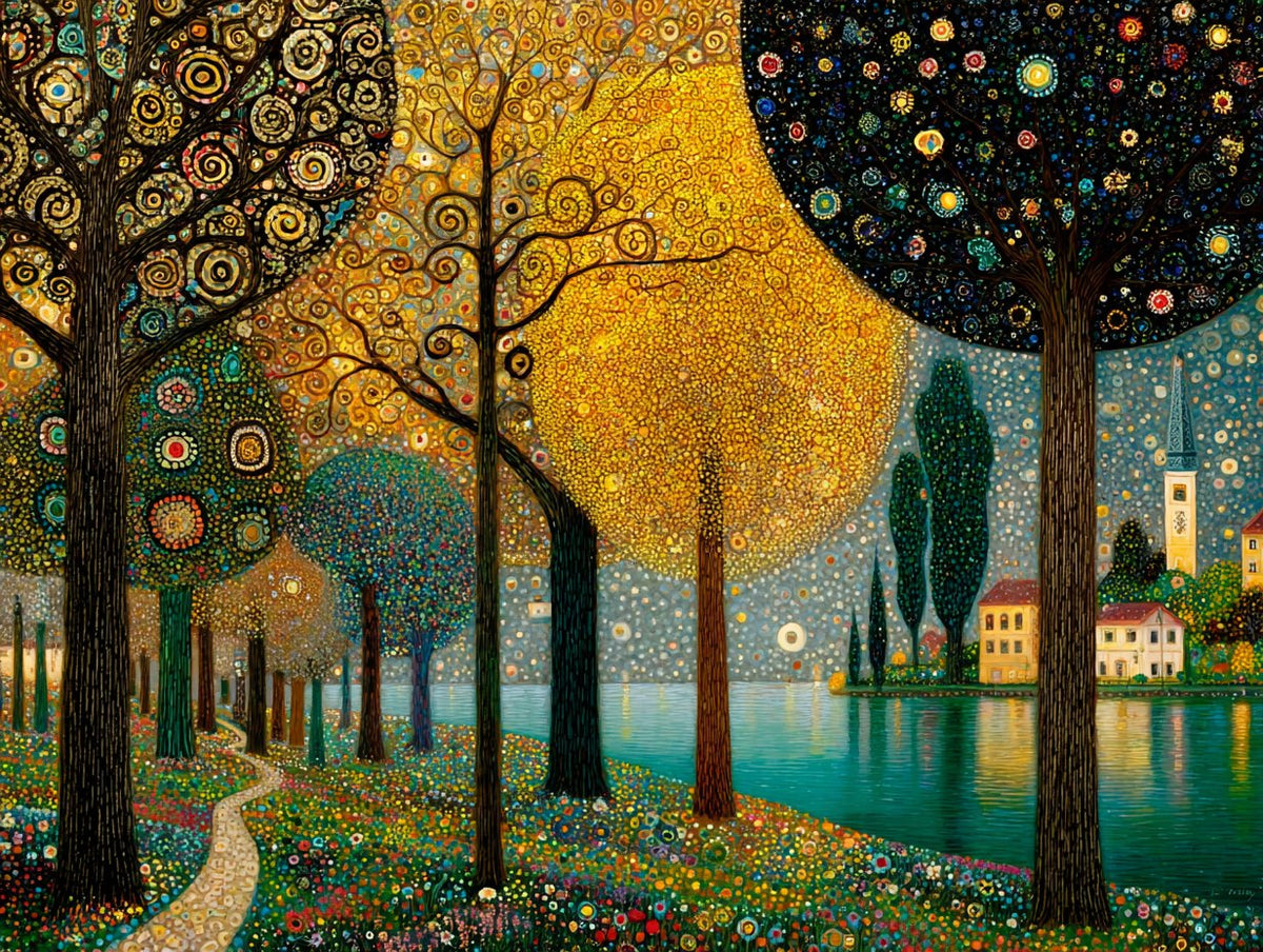Klimt Esintili Göl Kıyısı Yatay Kanvas Tablo