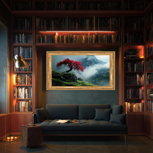 Kırmızı Yapraklı Ağaç ve Sisli Orman Tablo