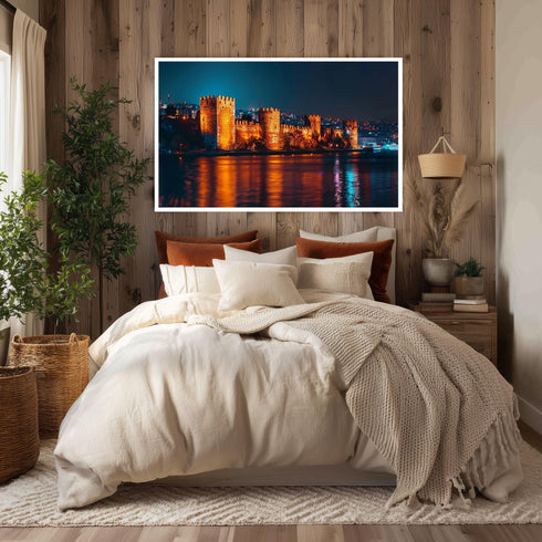 Rumeli Fortress Night Canvas Wall Art, Illuminated Istanbul Castle Print, Bosphorus Evening Landscape Decor for Elegant Interiors