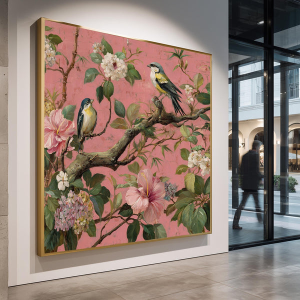 Pink Chinoiserie Birds Canvas Wall Art, Vintage Botanical Flower Print, Cottagecore Home Decor, Spring Nature Print, Romantic Bedroom Art