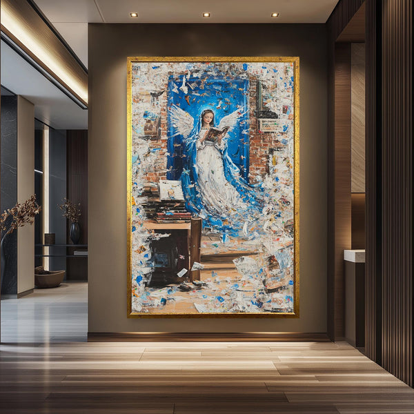 Abstract Angel Reading Wall Art – Wall Art - Spiritual Guardian Angel Print – Blue and Gold Inspirational Canvas for Study Room or Library