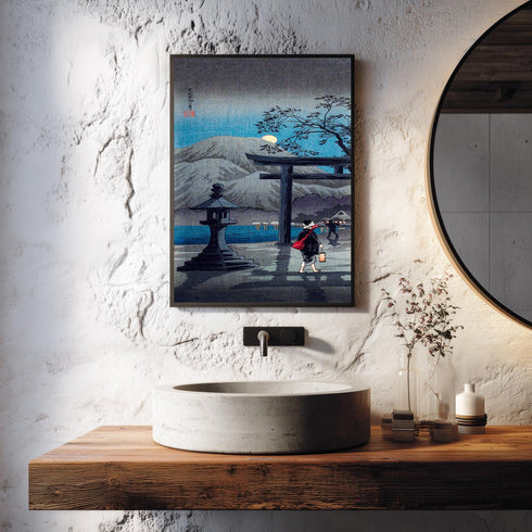 Japanese Torii Gate Canvas Art, Full Moon Night Landscape, Stone Lantern Print, Blue Woodblock Style, Zen Garden Decor, Shin Hanga