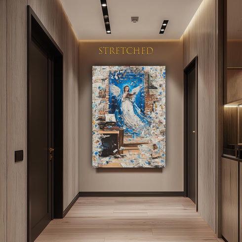 Abstract Angel Reading Wall Art – Wall Art - Spiritual Guardian Angel Print – Blue and Gold Inspirational Canvas for Study Room or Library