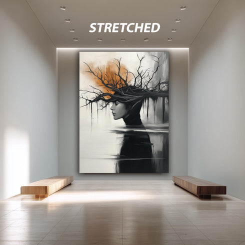 Surreal Woman Tree Wall Art Print, Dark Abstract Portrait Poster, Nature Mind Concept Artwork, Modern Emotional Black White Decor