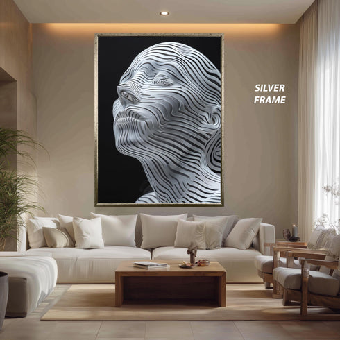 Abstract 3D Face Line Art Print, Surreal Contour Sculpture Wall Art, Futuristic Modern Canvas Poster for Minimalist Home or Office Decor
