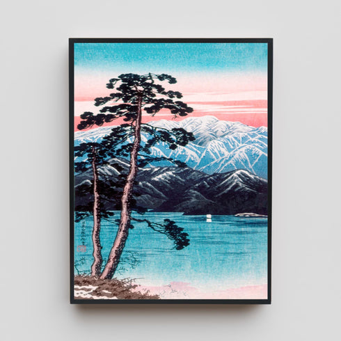 Japanese Woodblock Canvas Art, Mount Fuji Print, Pine Tree Lake Landscape, Pink Sunset Sky, Shin Hanga Style, Asian Wall Decor