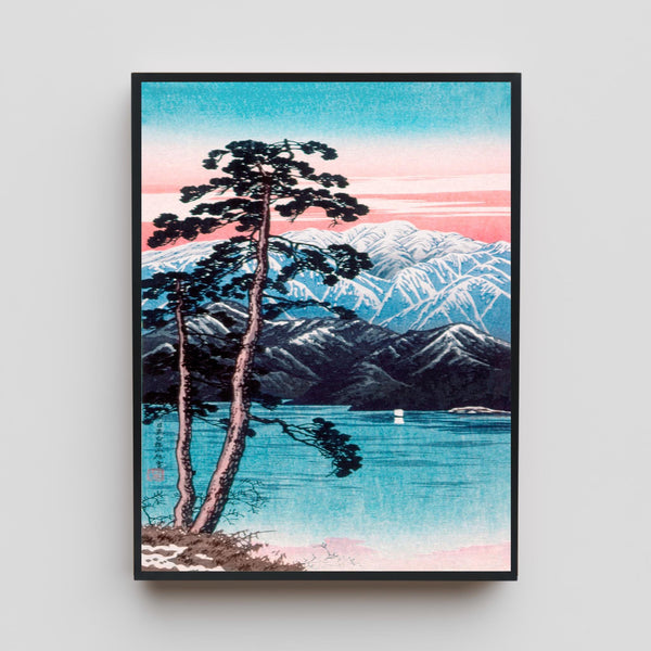 Japanese Woodblock Canvas Art, Mount Fuji Print, Pine Tree Lake Landscape, Pink Sunset Sky, Shin Hanga Style, Asian Wall Decor