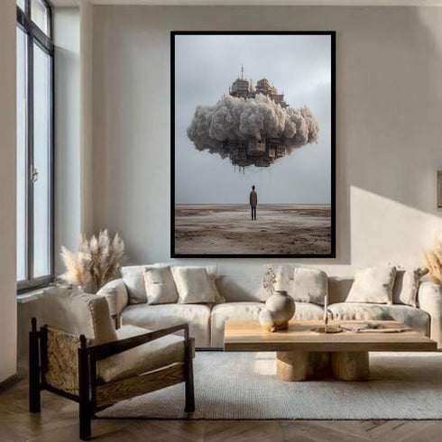 Surreal Cloud City Wall Art – Floating Building in Sky over Desert, Sci-Fi Fantasy Landscape Print for Modern Home Decor