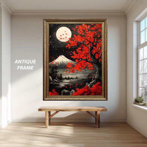 Japanese Maple Tree and Mount Fuji Moonlight Landscape Wall Art Print, Red Autumn Tree Japan Poster, Zen Nature Painting Decor