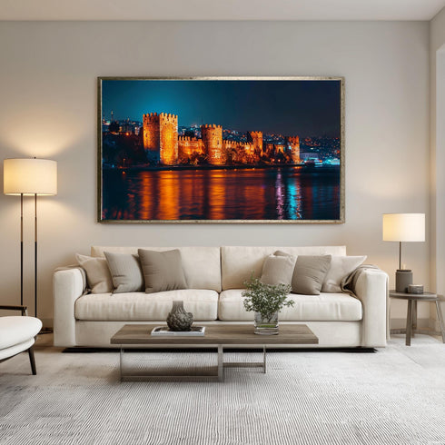 Rumeli Fortress Night Canvas Wall Art, Illuminated Istanbul Castle Print, Bosphorus Evening Landscape Decor for Elegant Interiors