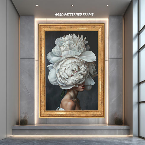 Floral Woman Portrait Wall Art, Surreal White Peony Head Artwork, Modern Botanical Female Print for Elegant Home Decor
