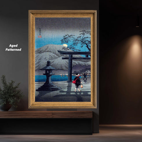 Japanese Torii Gate Canvas Art, Full Moon Night Landscape, Stone Lantern Print, Blue Woodblock Style, Zen Garden Decor, Shin Hanga
