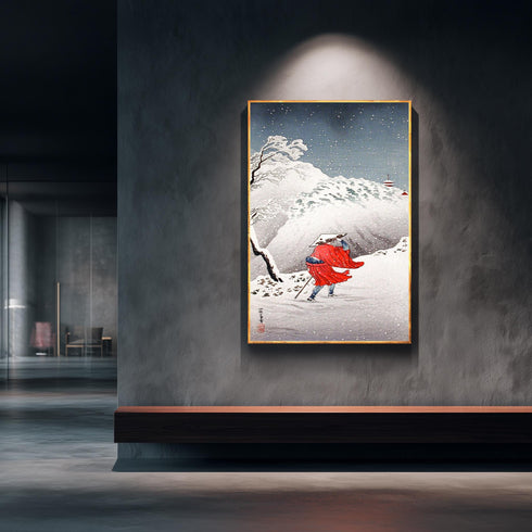 Japanese Woodblock Canvas Art, Winter Snow Landscape, Ukiyo-e Print, Red Kimono Traveler, Traditional Asian Decor, Shin Hanga Style