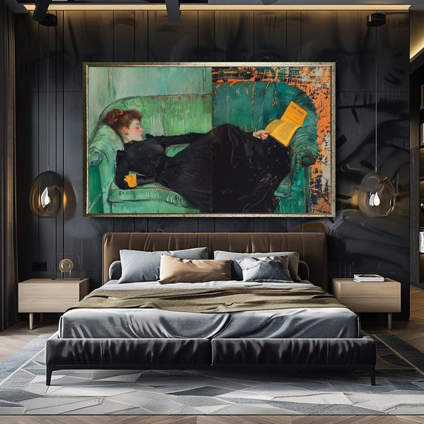 Vintage Klasik Kitap Okuyan Kadın Tablo