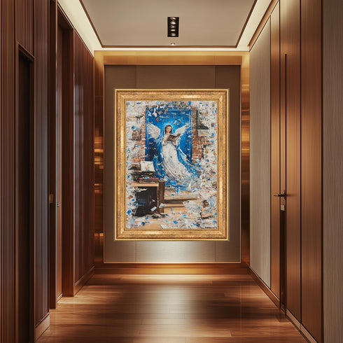 Abstract Angel Reading Wall Art – Wall Art - Spiritual Guardian Angel Print – Blue and Gold Inspirational Canvas for Study Room or Library