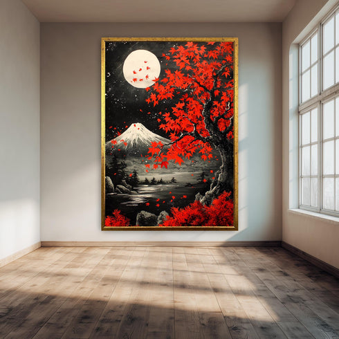 Japanese Maple Tree and Mount Fuji Moonlight Landscape Wall Art Print, Red Autumn Tree Japan Poster, Zen Nature Painting Decor