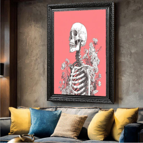 Skeleton and Flowers Wall Art – Gothic Botanical Skull Illustration on Pink Background, Dark Academia Aesthetic Print for Home Decor