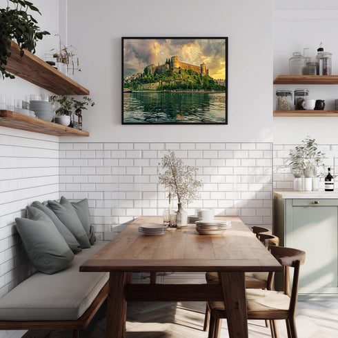 Rumeli Fortress Istanbul Canvas Art, Golden Sunset over Bosphorus Print, Historic Turkish Landmark Wall Decor for Cultural Interiors