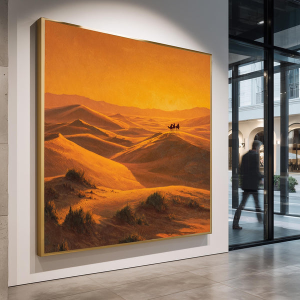 Camel Caravan Canvas Print, Sahara Desert Sunset Art, Vintage Oil Paint Style, Moroccan Wall Decor, Warm Landscape Print, Rustic African Art