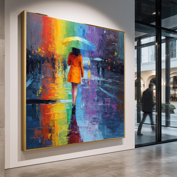 Colorful Rainy City Street Oil Print Woman with Umbrella Modern Impressionist Wall Art Bright Urban Scene Canvas for Home Decor