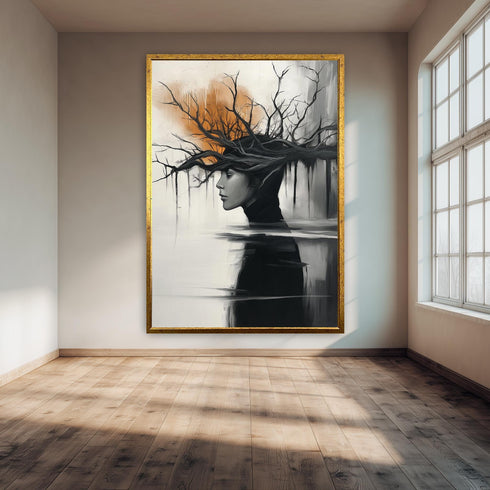 Surreal Woman Tree Wall Art Print, Dark Abstract Portrait Poster, Nature Mind Concept Artwork, Modern Emotional Black White Decor