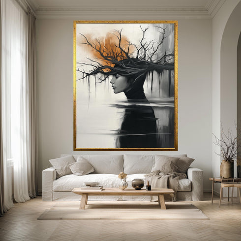 Surreal Woman Tree Wall Art Print, Dark Abstract Portrait Poster, Nature Mind Concept Artwork, Modern Emotional Black White Decor
