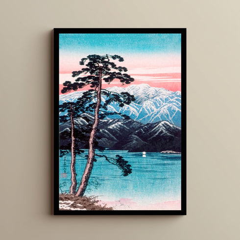 Japanese Woodblock Canvas Art, Mount Fuji Print, Pine Tree Lake Landscape, Pink Sunset Sky, Shin Hanga Style, Asian Wall Decor